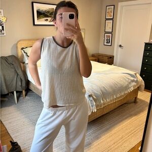 Beatrice San Francisco Sleeveless Ribbed Knit Tank Top in Cream with Green Trim